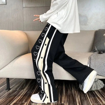 Relaxed Fit Track Pants with Heart Embellishments and Snap Button Accents