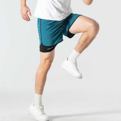 Men's Athletic Double-Layer Shorts with Elastic Waistband, Drawstring, and Bold Graphic Design