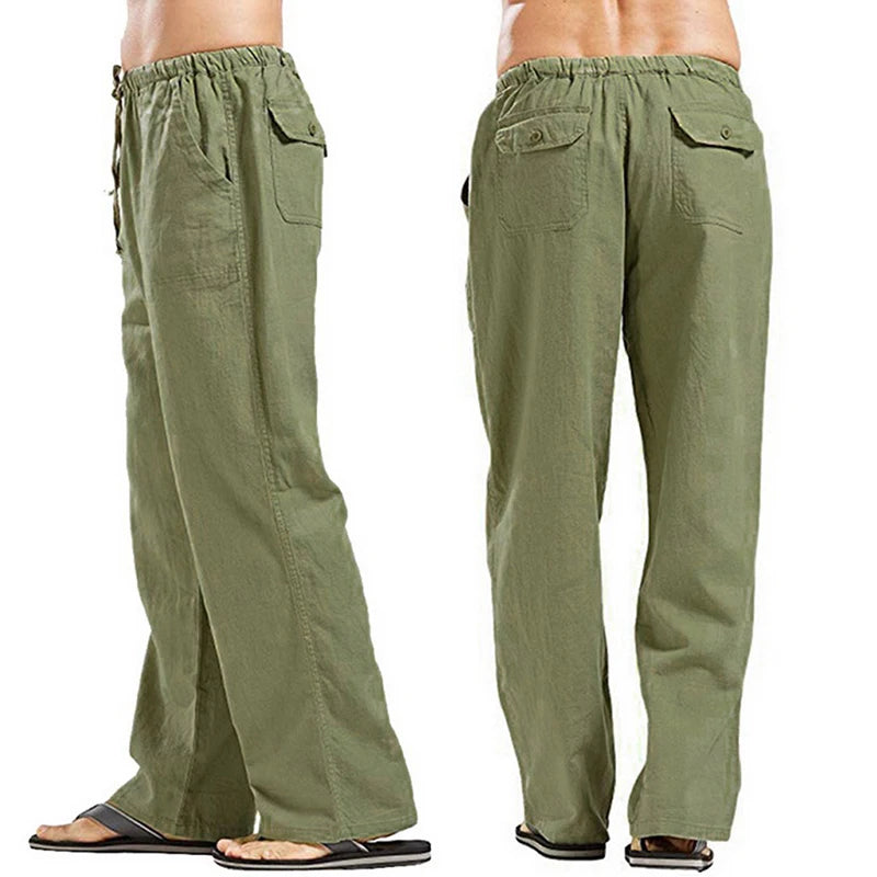 Men's Casual Relaxed Fit Linen Pants with Elastic Waistband and Drawstring Closure for Comfortable Beach and Summer Wear