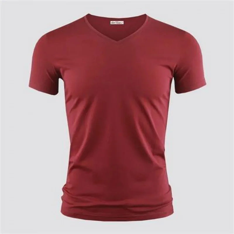 2024 Men's T Shirt Pure Color V Collar Short Sleeved Tops Tees Men T-Shirt Black Tights Man T-Shirts Fitness For Male Clothes