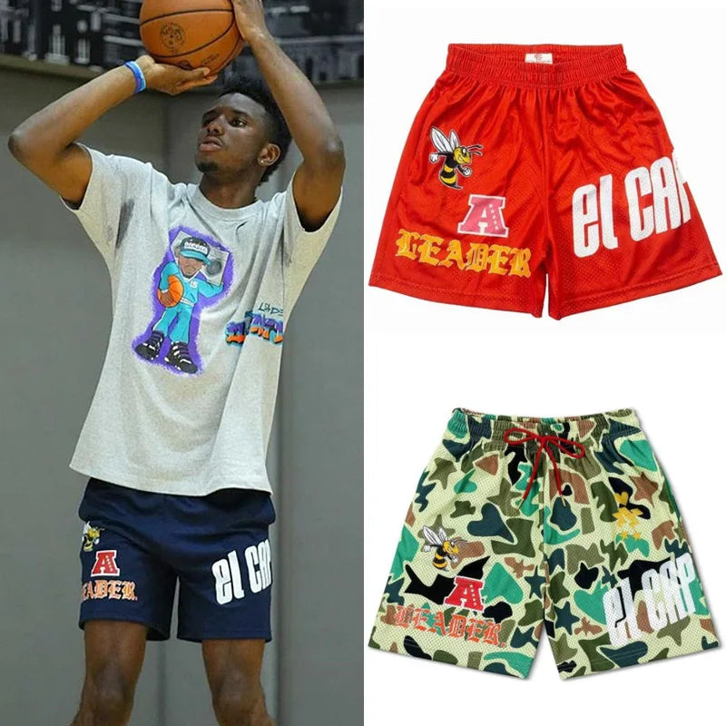 "Men's Basketball Shorts with Bold Lettering and Graphic Patches, Featuring Comfortable Elastic Waistband and Eye-Catching Designs for Casual or Athletic Wear"