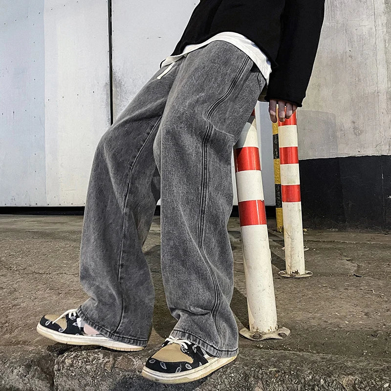 2023 New Korean Fashion Loose Jeans Classic Straight Straight Baggy Wide Leg Trousers Street Hip Hop Pants 3XL Black Grey Blue