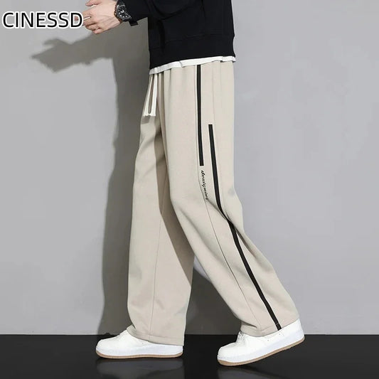 Wide-Leg Men's Casual Pants with Side Stripe Design and Drawstring Waist